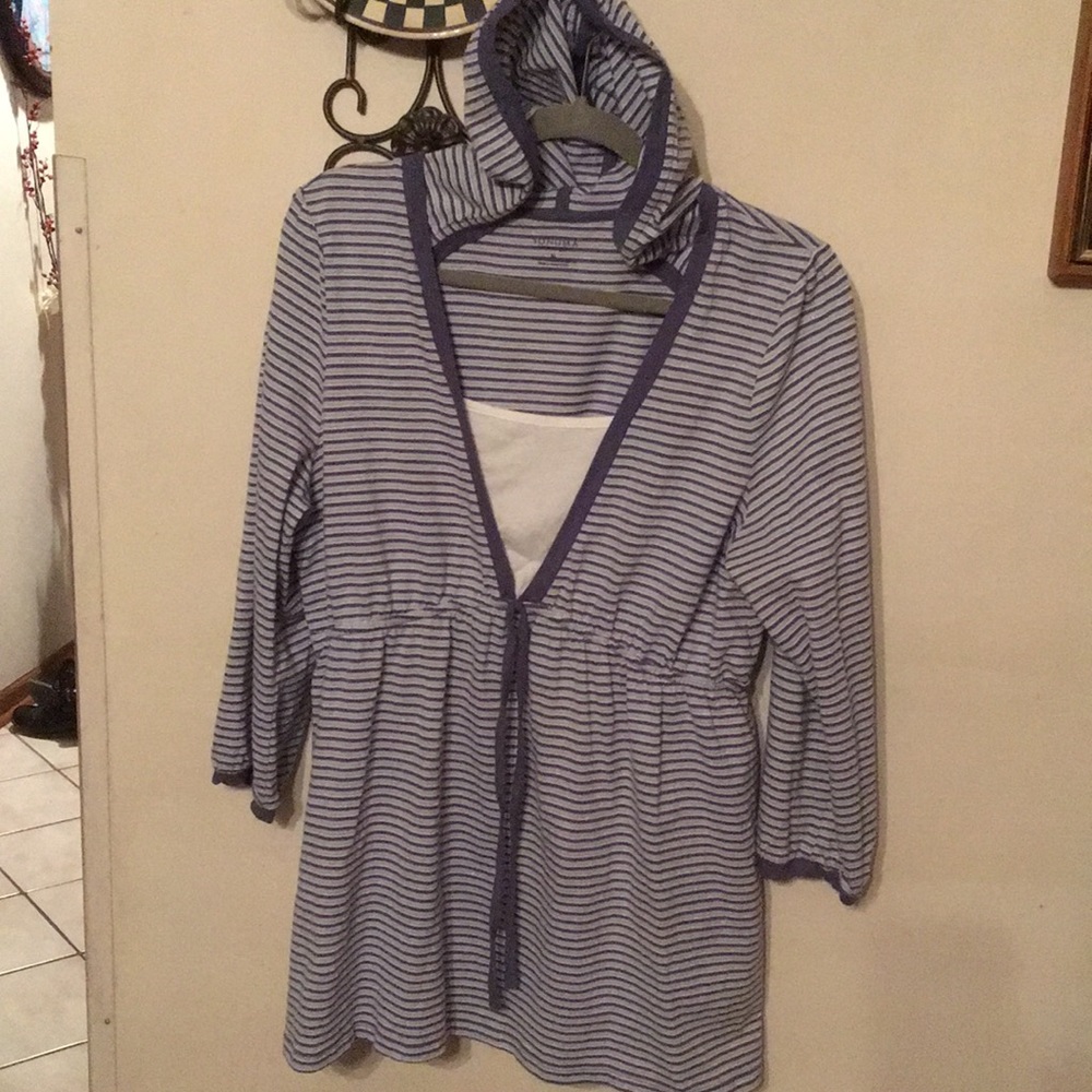 Hooded baby doll blouse long sleeves blue size XL